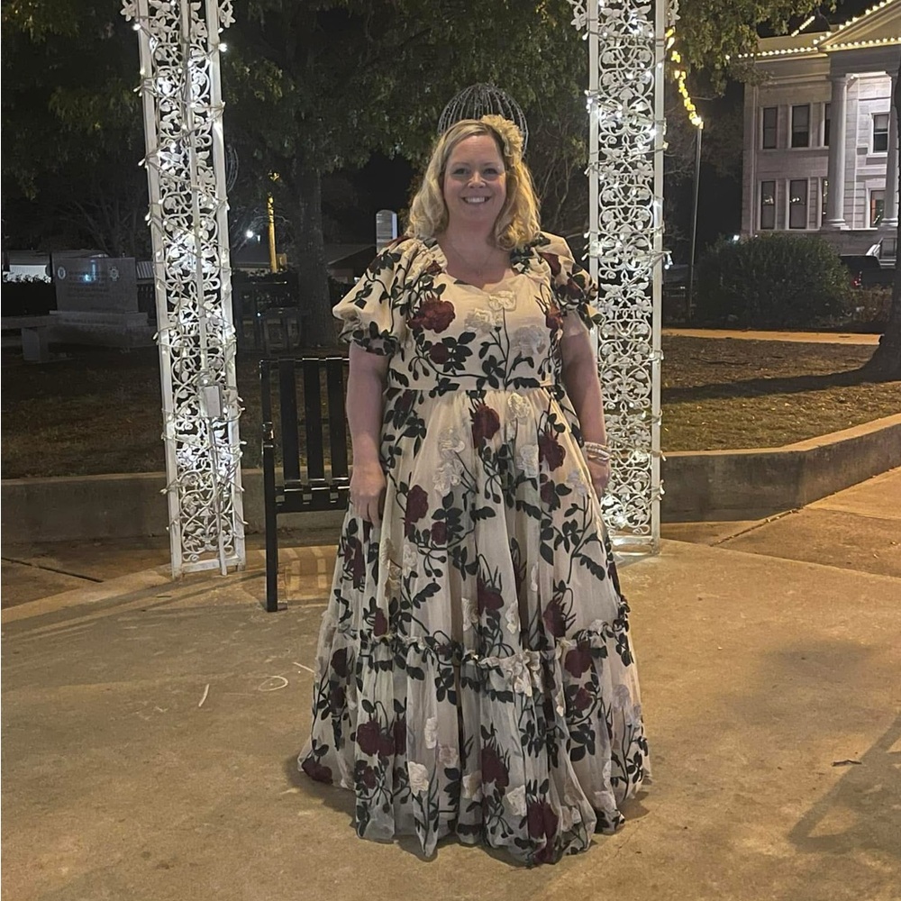 Ivy City Co Beige Midi Dress with Burgundy & Green Floral Embroidery - Picture 3 of 5